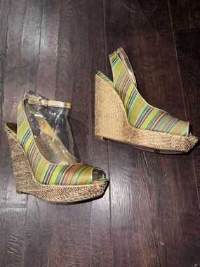 Nine West Multicolor Striped Raffia Wedge Sandals